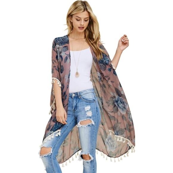Mauve Floral Print Fringe Open Kimono Shawl Cardigan Kaftan Poncho Cover Up Vest - Picture 2 of 5